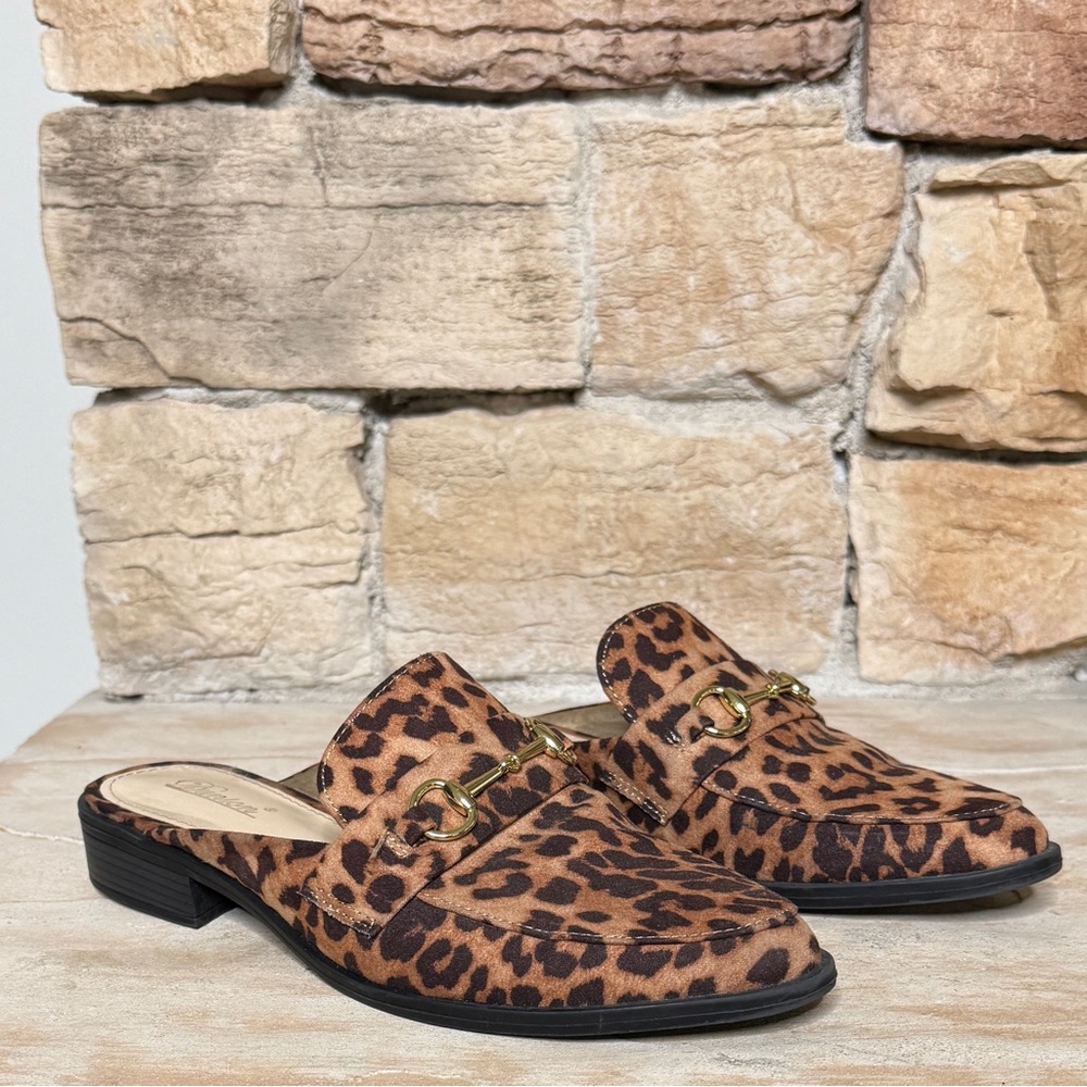 Dunion Women's Leopard Print Mule Loafers Gold‎ Horsebit Slide Flats Size 7.5M